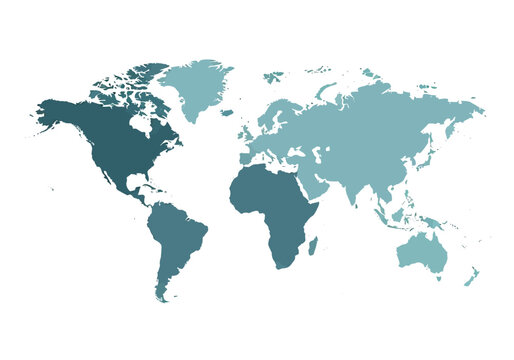 A world map highlighted with various shades of blue indicating different regions on a white background viewed from directly above