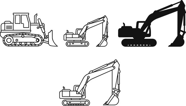 Excavator and bulldozer construction machinery icon set vector outline and silhouette illustration collection