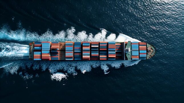 Aerial view of a container ship sailing through ocean waters. The vessel is full of colorful containers, creating a transportation scene
