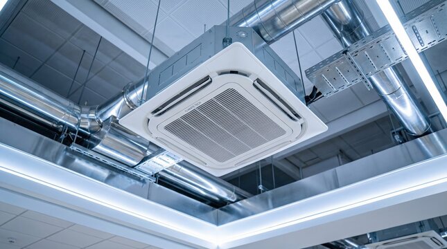 Modern commercial cassette air conditioning unit installed among exposed shiny ventilation ductwork in a large building ceiling for climate control technology.