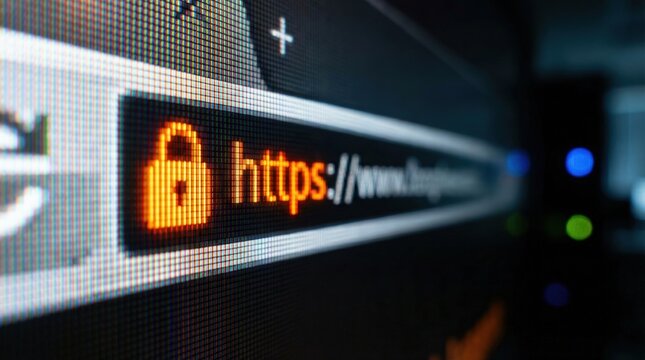 Digital HTTPS security padlock icon glowing brightly on a web browser address bar display, showing monitor pixels for data privacy concept.