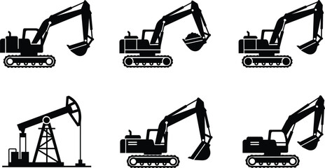 Excavator bucket variations and oil pump jack vector icon set heavy construction machinery silhouette collection © MstBabli