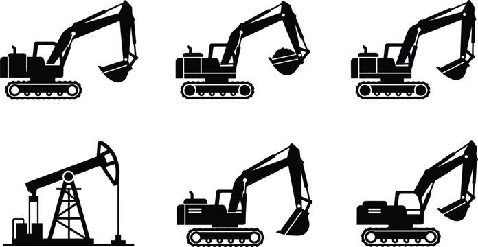 Excavator bucket variations and oil pump jack vector icon set heavy construction machinery silhouette collection