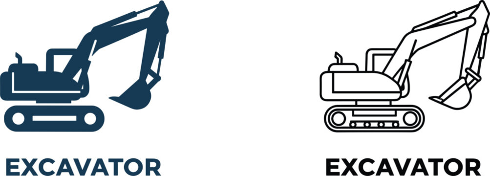 Excavator machine icon with text label vector illustration construction equipment silhouette design
