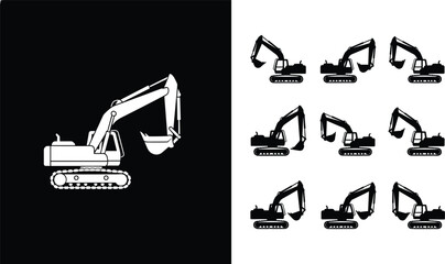Excavator silhouette icon collection heavy construction machinery vector illustration isolated on black and white background © MstBabli