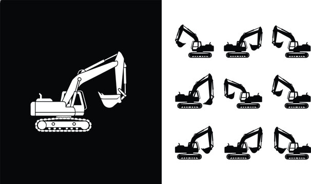 Excavator silhouette icon collection heavy construction machinery vector illustration isolated on black and white background