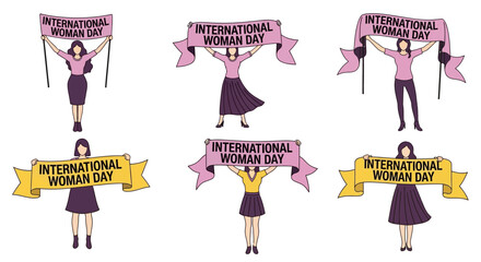 Women celebrating International Women's Day with banners