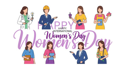 Diverse women celebrating International Women's Day in various professions