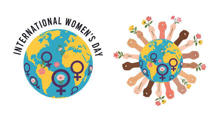 Fototapeta premium Diverse hands holding flowers around the globe celebrating International Women's Day