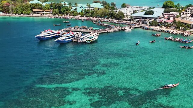 Aerial View of Phi Phi Don Pier with Ferries and Longtail Boats