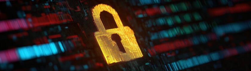 A digital padlock icon in yellow glows against a background of multicolored data streams, symbolizing cybersecurity and data protection.