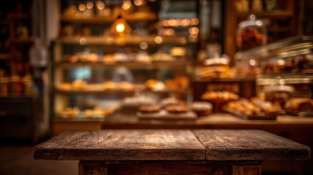 Rustic wooden table in a cozy bakery with a warm, inviting background filled with baked goods and soft lights.