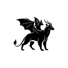 Fototapeta premium Mythical creatures, dragon and deer hybrid standing together in a symbolic illustration from a side viewpoint