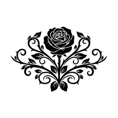 Elegant black rose illustration with floral vines and leaves in a decorative arrangement