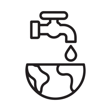 A simple line drawing depicts a water faucet pouring onto a globe representing earth