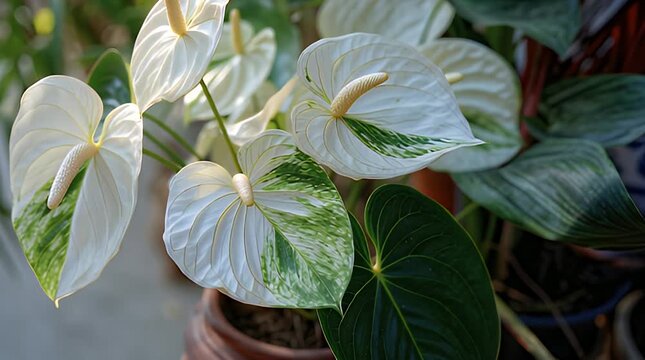 A close-up view of a collection of white and green anthurium flowers, showcasing intricate details. Petals reveal delicate textures. The flower arrangement sits in a brown pot