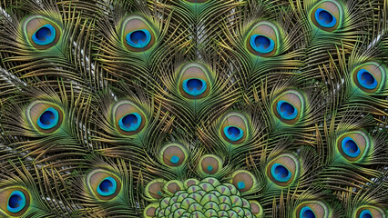 Fototapeta premium Close-up Peacock Feather Fan Pattern, Eye Detail, Vibrant Blue and Green