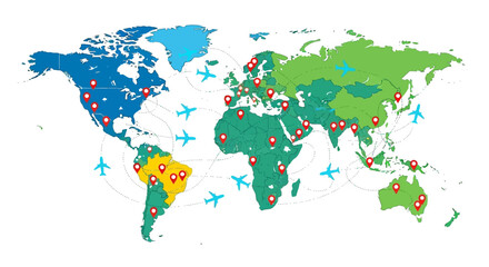 Obraz premium Global Travel World Map with Routes and Pins Vector