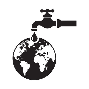 A symbolic representation of a water faucet dripping onto the earth highlighting water conservation