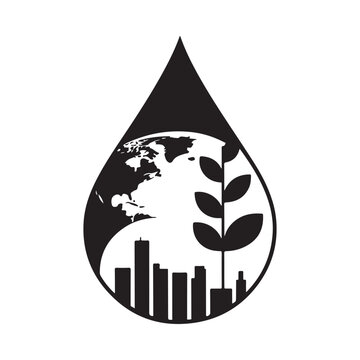 A symbolic black and white image depicting earth within a droplet alongside foliage and a cityscape