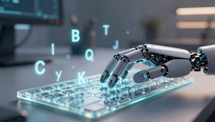 Fototapeta premium A robotic hand presses keys on a glowing keyboard with floating letters around it