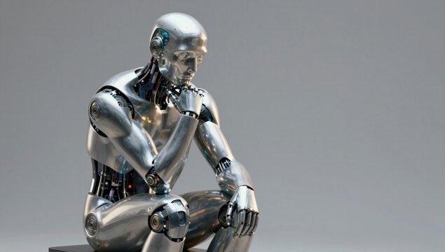 A metallic humanoid robot sits in a contemplative pose hand resting on its chin showing internal circuitry