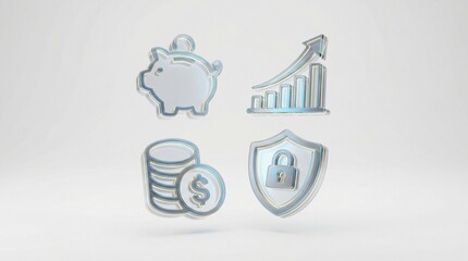 Collection of 3D rendered financial management icons featuring savings growth money and security with a sleek glass effect on a clean white background
