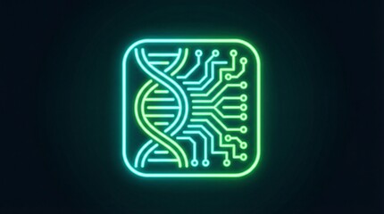 Glowing neon icon of a DNA double helix integrated with a circuit board representing biotechnology genetic engineering and digital innovation