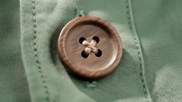 A wooden button neatly sewn with crisscross threads stands out on a light green textured fabric showcasing garment detail