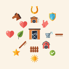 A collection of flat design icons representing farm life, including animals, buildings, tools, and symbols of care and nature.