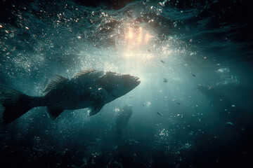 Fototapeta premium A dramatic underwater shot of a large fish swimming through the water through rays of sunlight 