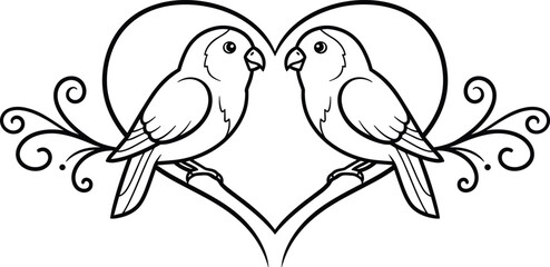 Romantic lovebirds line art illustration with heart shape, decorative swirls, symmetrical birds design for wedding, valentine, and coloring page use