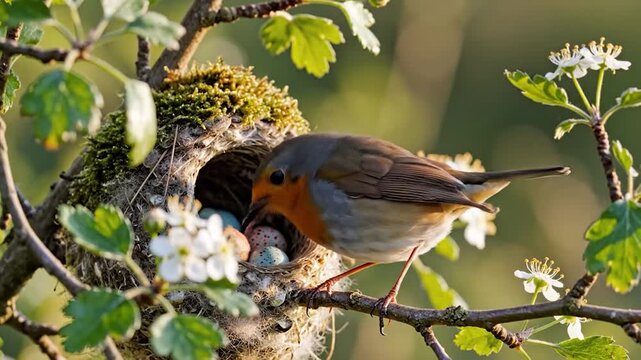 European robin bird perched on a branch next to its nest of eggs