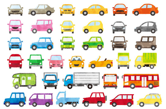 水彩風で描かれたカラフルな車のイラストセット（正面・横）白バック／乗用車・トラック・バス・キャンピングカー