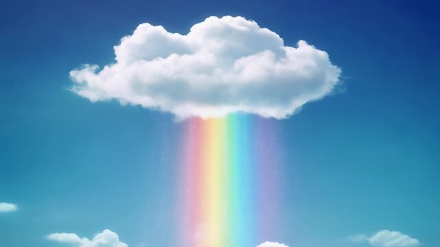 A single cloud in the sky with a rainbow descending