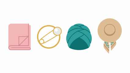 Modest Fashion Hijab and Scarf Accessory Icon Set, Muslim Women Headwear Pin Turban Collection