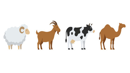 Eid Al-Adha Qurbani Animal Livestock Icon Set, Sheep Goat Cow Camel Collection Illustration