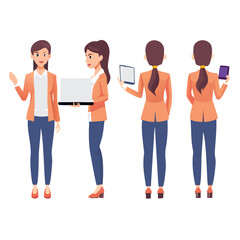 Obraz premium Casual young business woman holding laptop. Character constructor for animation. Front, side and back view set. Body parts, postures, poses collection. Vector ... See More