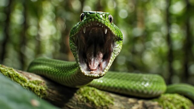 Video of Intense Green Snake Striking Pose in Dense Forest Scene.