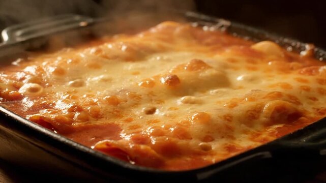 Macaroni cheese bake freshly prepared in a baking dish, hot and steaming, close-up shot