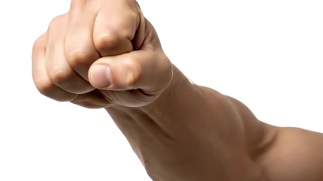 Blurred image of a clenched fist and part of an arm against a white background