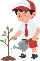 Cute child watering a small plant, suitable for educational, environmental, or gardening content illustrations.