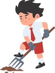 Illustration of a boy using a pitchfork for gardening, suitable for educational or outdoor activity content.