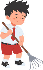 Illustration of a boy in school uniform sweeping, suitable for educational and community service content.