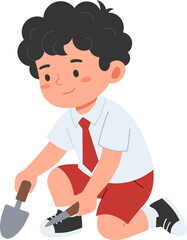 A young boy in school uniform digging with a shovel, ideal for educational or children's activity content.