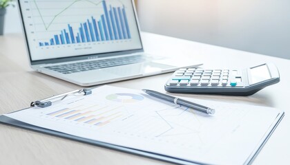 Obraz premium Modern digital financial analytics workspace with charts, tablet, laptop, calculator, and graphs for business planning, data analysis, and investment strategy.