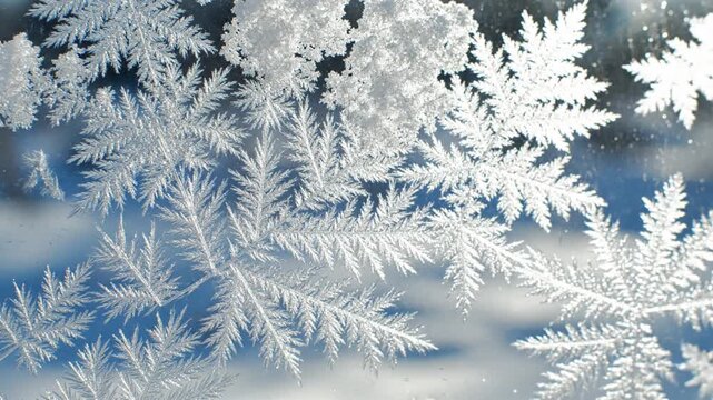 Frosty branches covered in delicate ice crystals and snowflakes in a winter landscape viewed from a close-up perspective