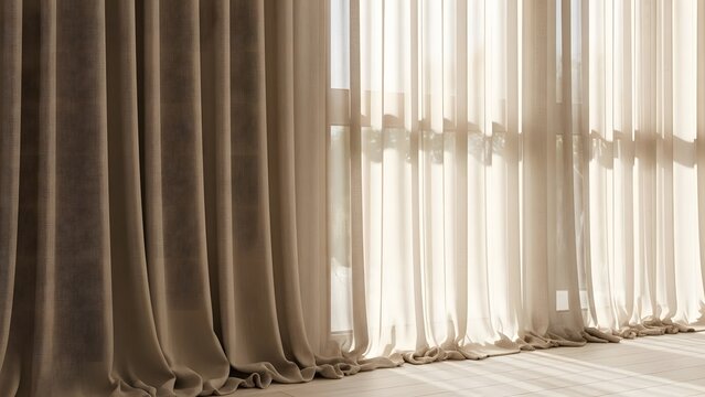 Stylish beige blackout curtains and sheer drapes covering large window with bright sunlight