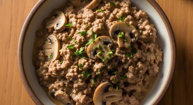 Delicious mushroom and herb rice dish served in a rustic bowl with garnish. ground beef stroganoff