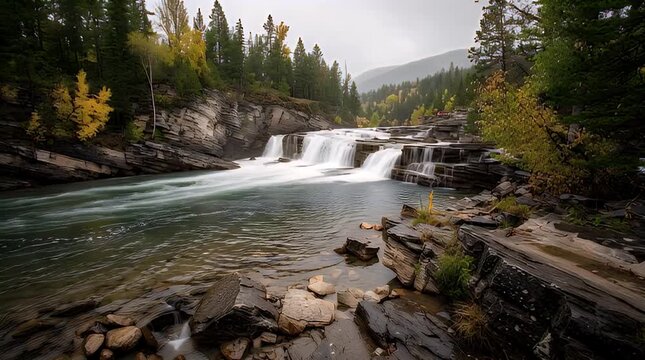 A scenic cascade tumbles down layered rock formations. Lush greenery and autumnal trees frame the flowing water, leading to misty mountains